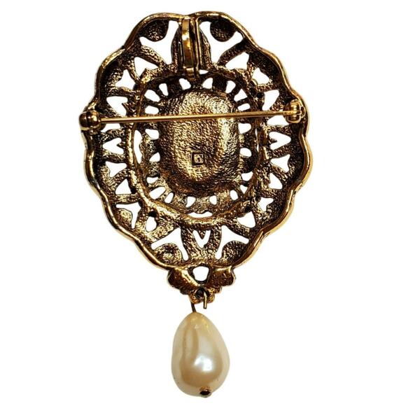 Faux Pearl Cabochon Filigree Dangle 3" Brooch Pin Vtg Ornate - Picture 2 of 4